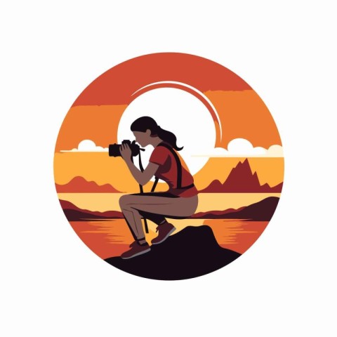 woman tourist with camera in the landscape round icon vector ill