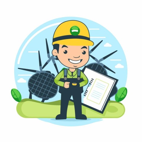 Happy engineer holding clipboard and solar panels. Vector flat c