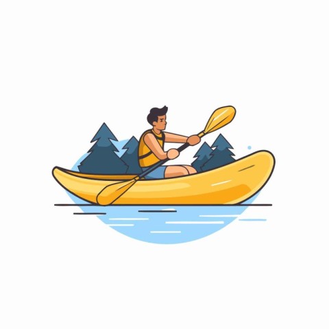 Man in kayak on the river. Flat style vector illustration.