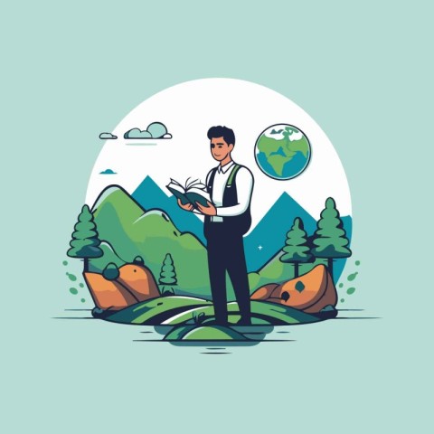 Businessman reading a book on nature background. Vector illustra