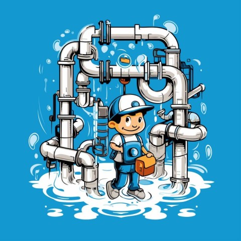 Vector illustration of Plumber in uniform and helmet on the back