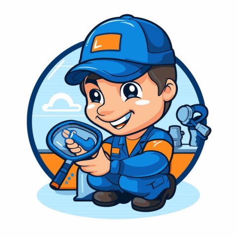 Plumber with magnifying glass. Vector illustration of a cartoon