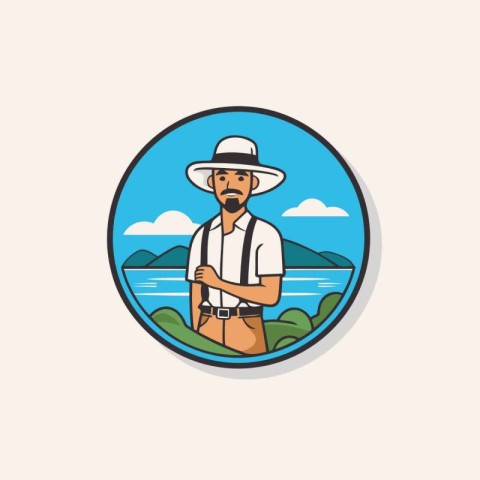 Man in hat and suspenders on the beach. Vector illustration.