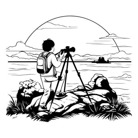 Photographer with camera on tripod on the beach. Vector illustra