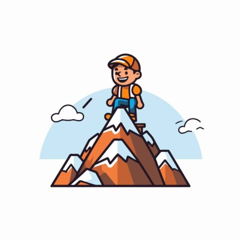 Vector illustration of a boy on top of a mountain. Flat style.