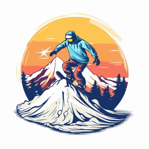 Snowboarder on top of the mountain at sunset. Vector illustratio