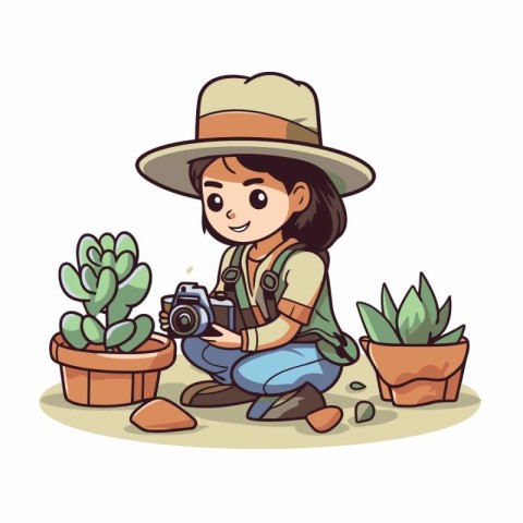 Illustration of a Cute Girl with a Camera and Plant Pot