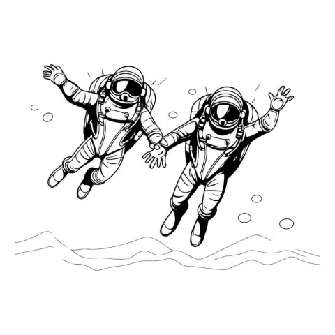 Astronaut and diver in the water. Hand drawn vector illustration