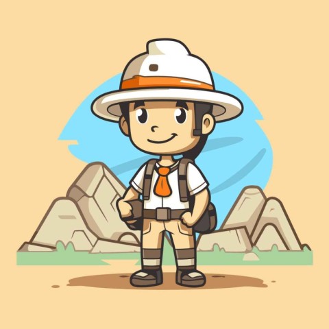 Explorer Boy with Hat and Backpack Cartoon Character Vector Illu