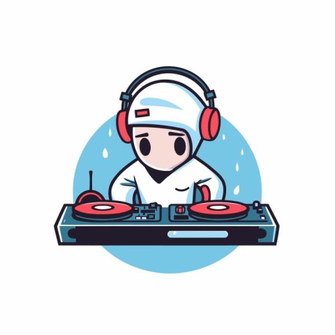 Dj playing music with headphones and mixer. Vector illustration