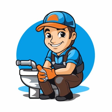 Plumber with toilet cartoon vector illustration. Isolated on whi