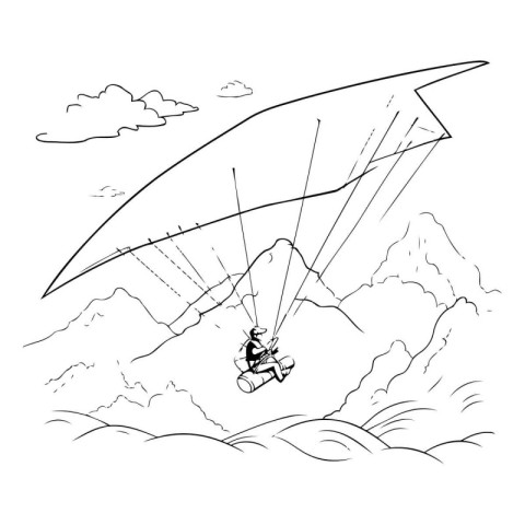 Paraglider flying over the mountains. Hand drawn vector illustra