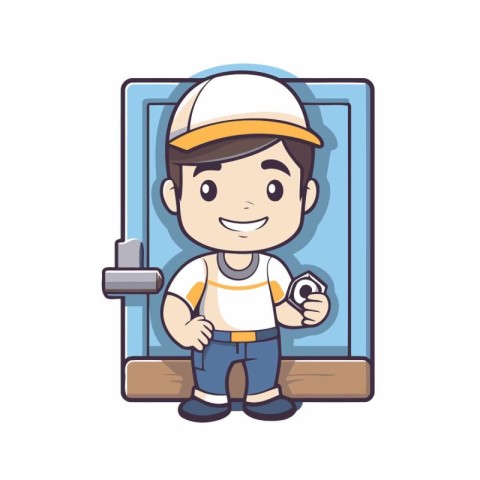 Plumber holding key - Cute cartoon character vector illustration