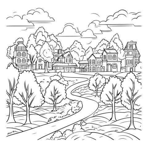 Beautiful landscape with houses and trees. Hand drawn vector ill