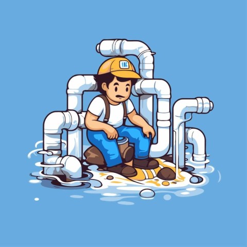 Plumber with pipe. Vector illustration of a plumber repairing pi