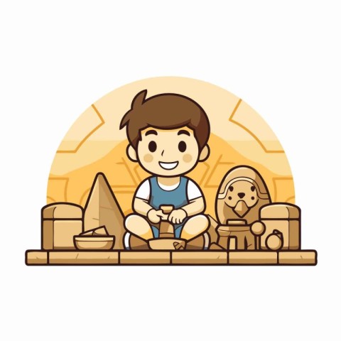 Cute cartoon boy sitting in the sand with egyptian pyramids