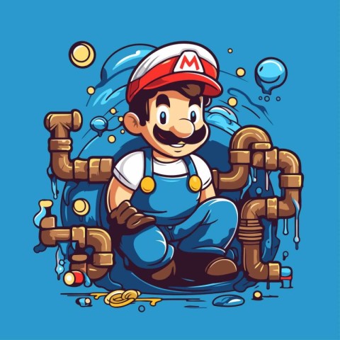 Plumber is sitting on the pipe of the water. Vector illustration