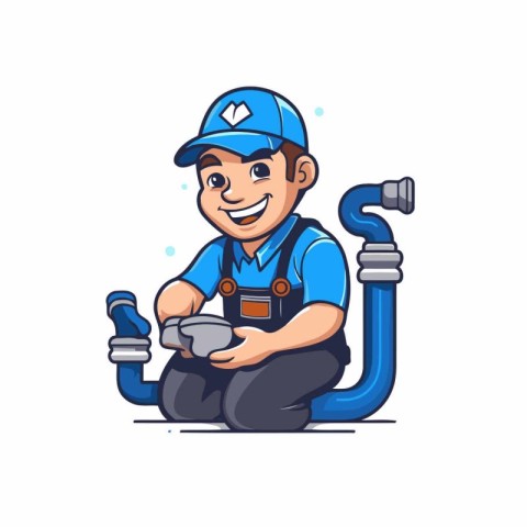 Plumber sitting on the floor and holding a pipe. Vector illustra