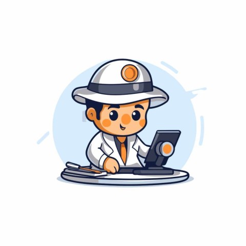 Cartoon Doctor with a Laptop. Vector illustration in flat style