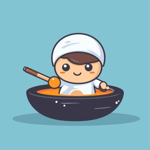 Cute cartoon boy playing rowing boat. Vector illustration in fla