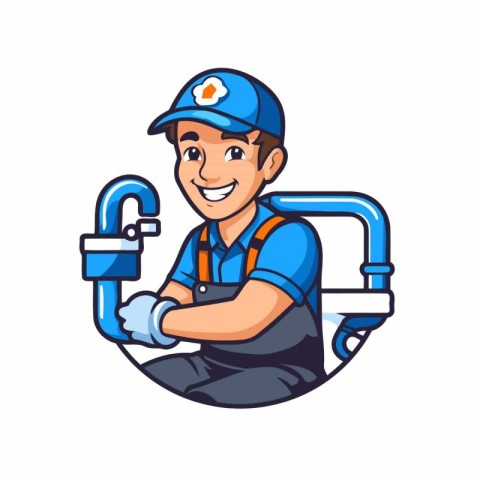 Plumber with Pipe Plumbing Service Cartoon Mascot Illustration