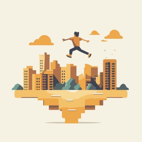 Man jumping over city landscape. Vector illustration in flat des