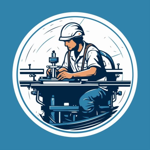 Engineer working on a lathe in the factory. Vector illustration