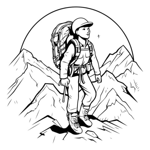 Hiker with a backpack on the top of the mountain. Vector illustr