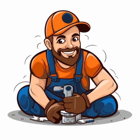 Illustration of a Plumber Wearing His Workwear and Holding Drill