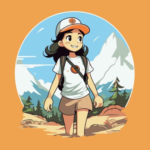 Hiker girl in the mountains. Vector illustration in cartoon styl