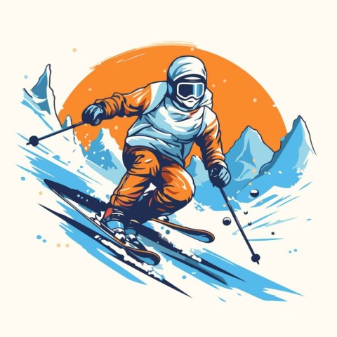 Vector illustration of skier in helmet and goggles skiing in mou