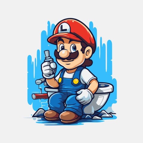 Cartoon plumber with a pipe in his hand. Vector illustration.