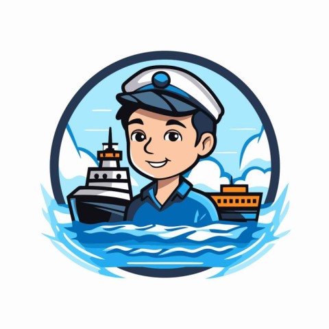 Illustration of a sailor holding a cruise ship viewed from the s