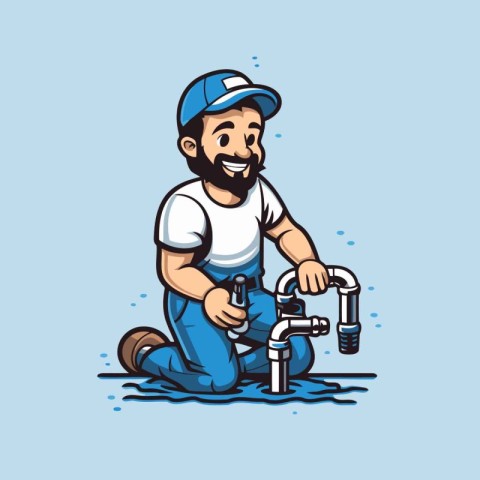 Plumber with wrench and water tap. Vector illustration of a plum