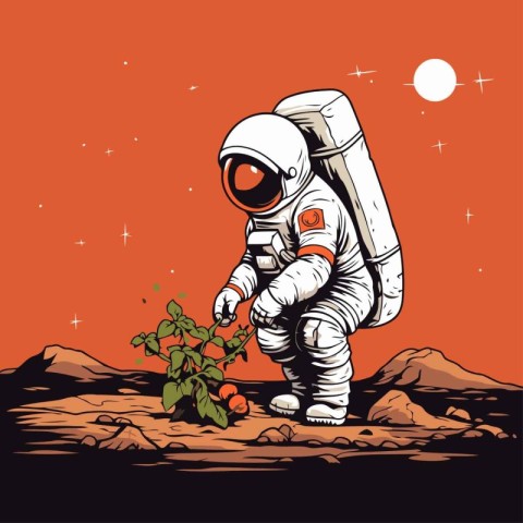 Astronaut with a tomato. Vector illustration in retro style.