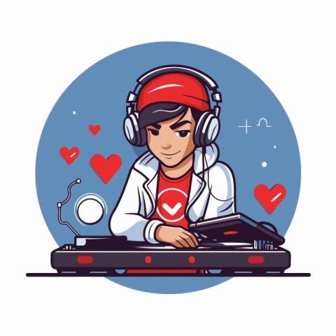 Dj playing music with headphones. Vector illustration in cartoon