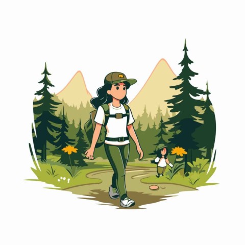 Hiking woman with backpack in the forest. Vector illustration in