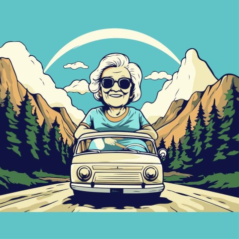 Elderly woman driving a car in the mountains. Vector illustratio