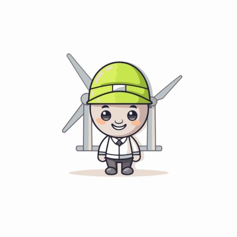 Cute engineer cartoon character with wind turbine on white backg