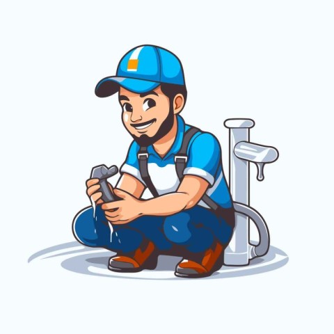 Plumber with wrench in hand. Vector illustration. Cartoon charac