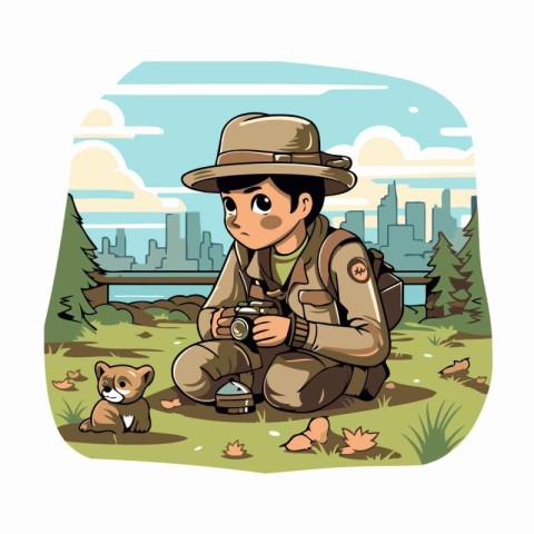 Man with camera and dog in the park. Vector cartoon illustration