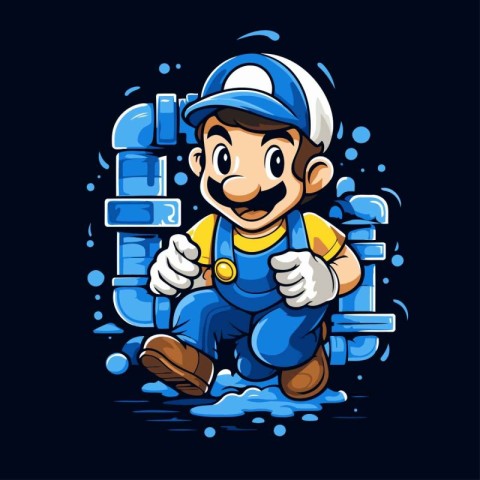 Plumber with a pipe. Vector illustration on a dark background.