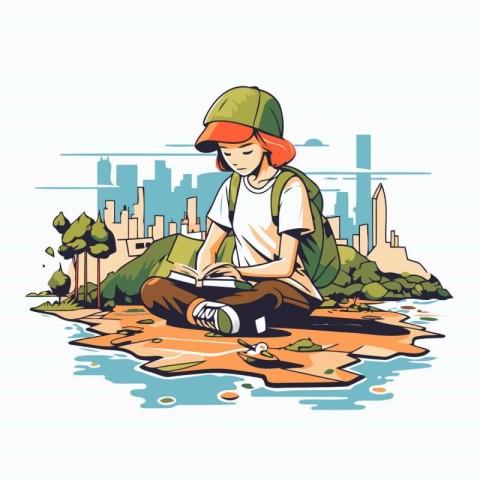 Boy reading book on the bank of the river. Vector illustration.