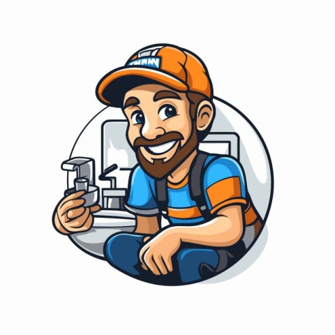 Repairman character. Vector illustration of a plumber holding a