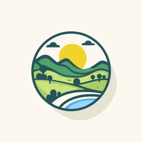 Landscape round icon with sun and hills. Vector illustration in