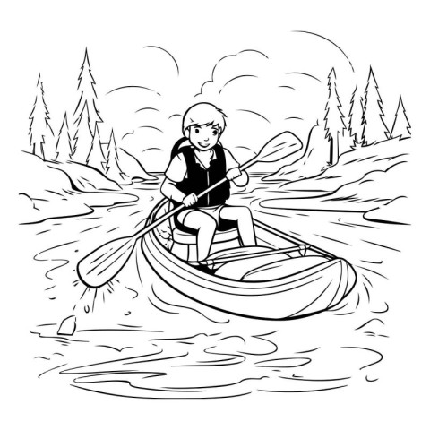 Illustration of a man paddling a kayak in the forest