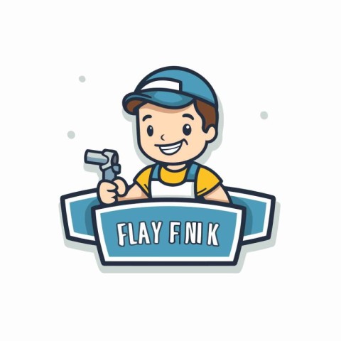 Funny plumber with wrench. Vector illustration in cartoon style.