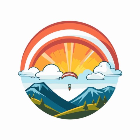 Paraglider flying over the mountains. Flat style vector illustra