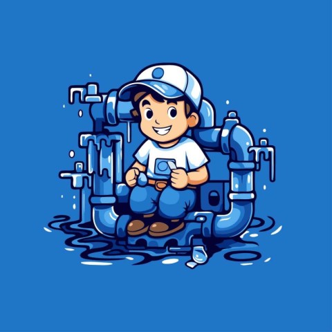 Plumber cartoon character. Vector illustration of a plumber in u