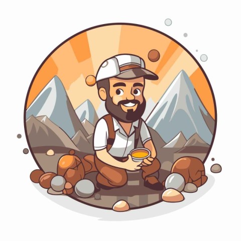 Hiking man with a pot of coffee in the mountains. Vector illustr